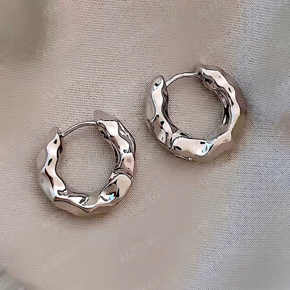 Silver Sculpted Hammered Texture Hoop Earrings